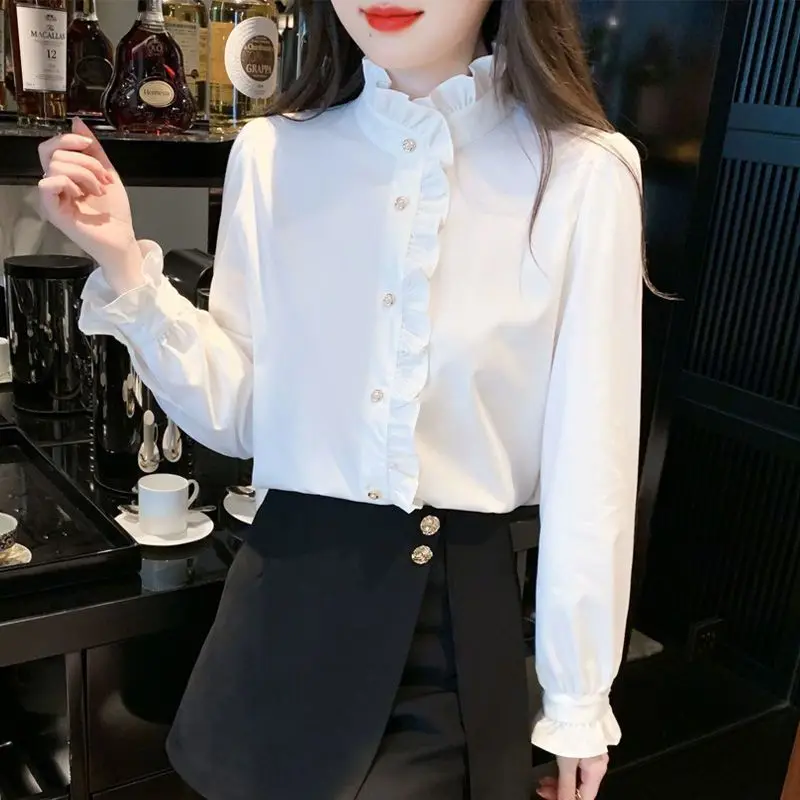 French Court Style Lotus Leaf Edge Standing Collar Shirt for Women New White Interior Shirt High-end and Chic Top