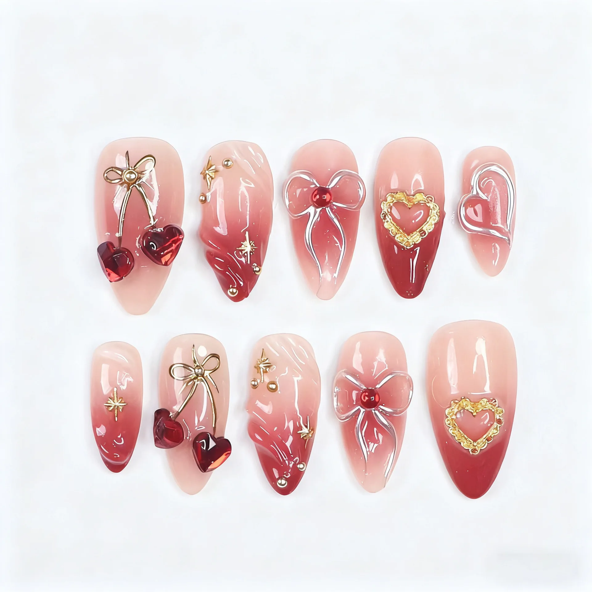 24Pcs Mid-length Almond Fake Nails Press on French Red Cat's Eye Cherry False Nails Bow Heart Pearl Reusable Full Cover Nail Tip