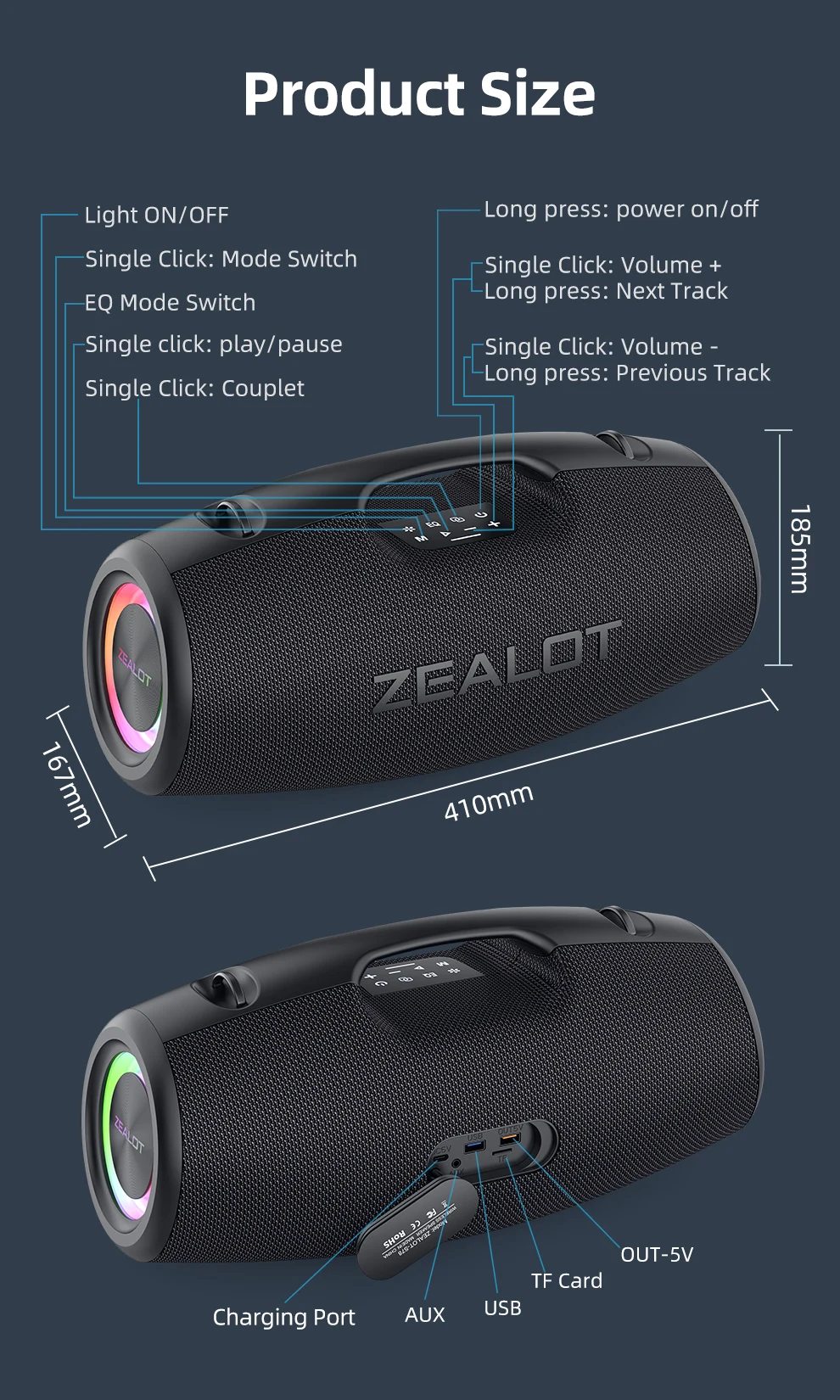 ZEALOT-S78 120w portátil bluetooth alto-falante festa ao ar livre