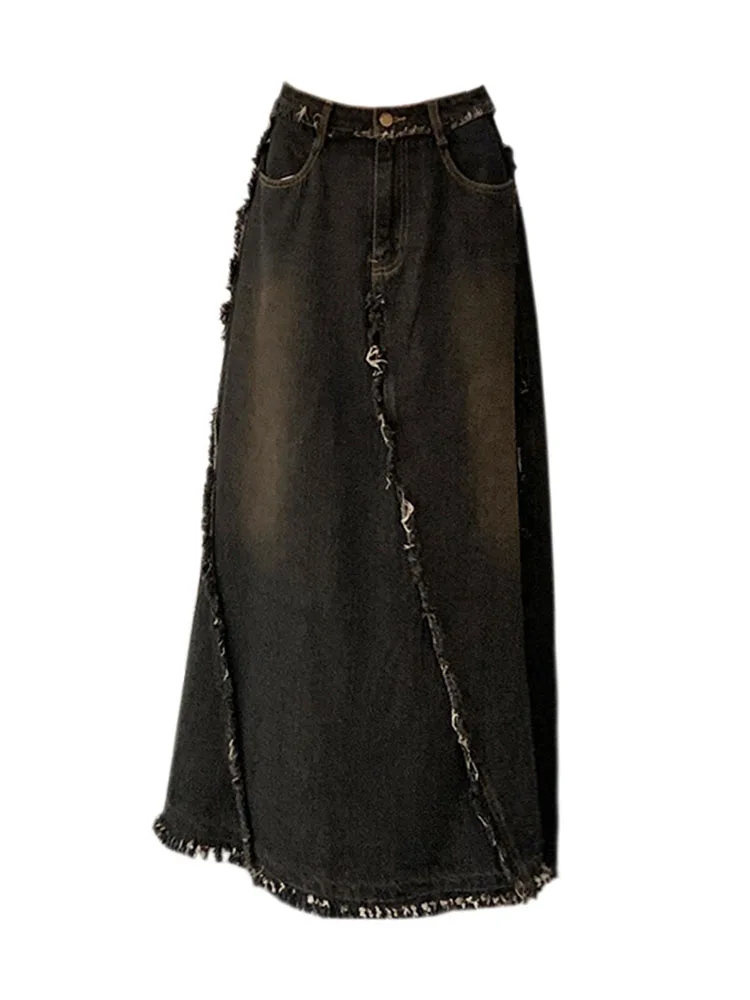 

High Quality New Black Denim Skirt Women's Vintage Classical Cozy A-Line Skirt Raw Edge Spring Summer Gothic Japanese Fashion