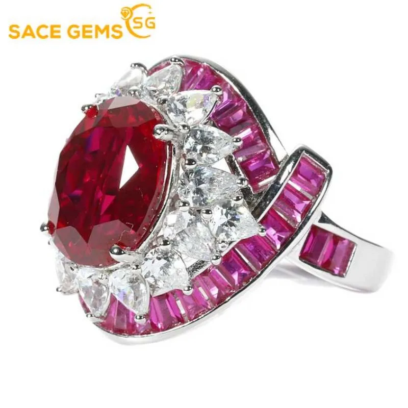 

SACE GEMS 925 Sterling Silver High Carbon Diamond Pigeon Blood Gemstone Rings for Women Engagement Cocktail Party Fine Jewelry