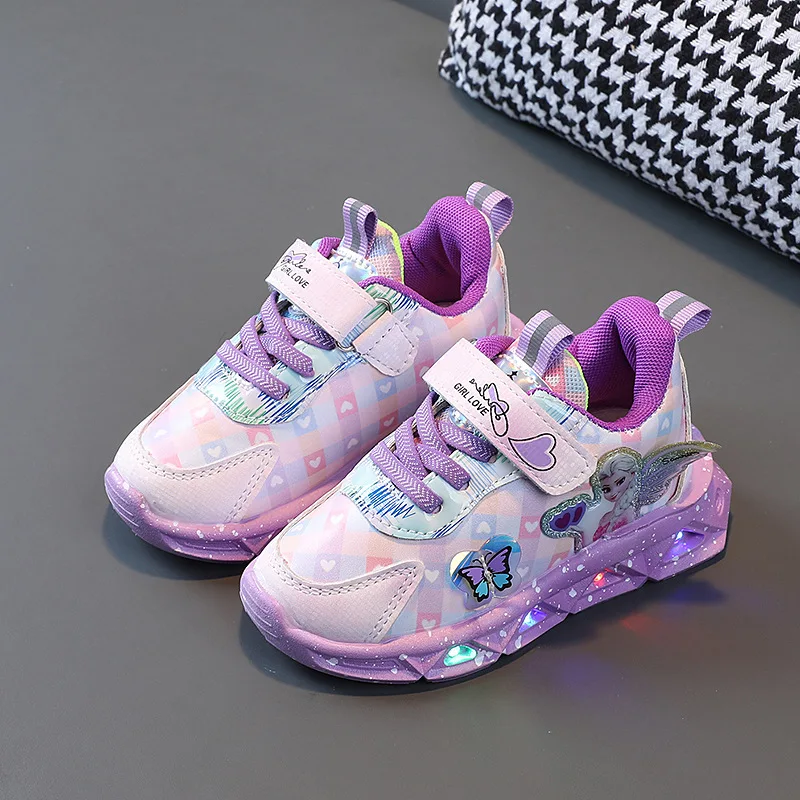 LED Light Shoes Casual Sneakers Spring Autumn Girls Light Casual Shoes Elsa Princess Print Pollen Purple