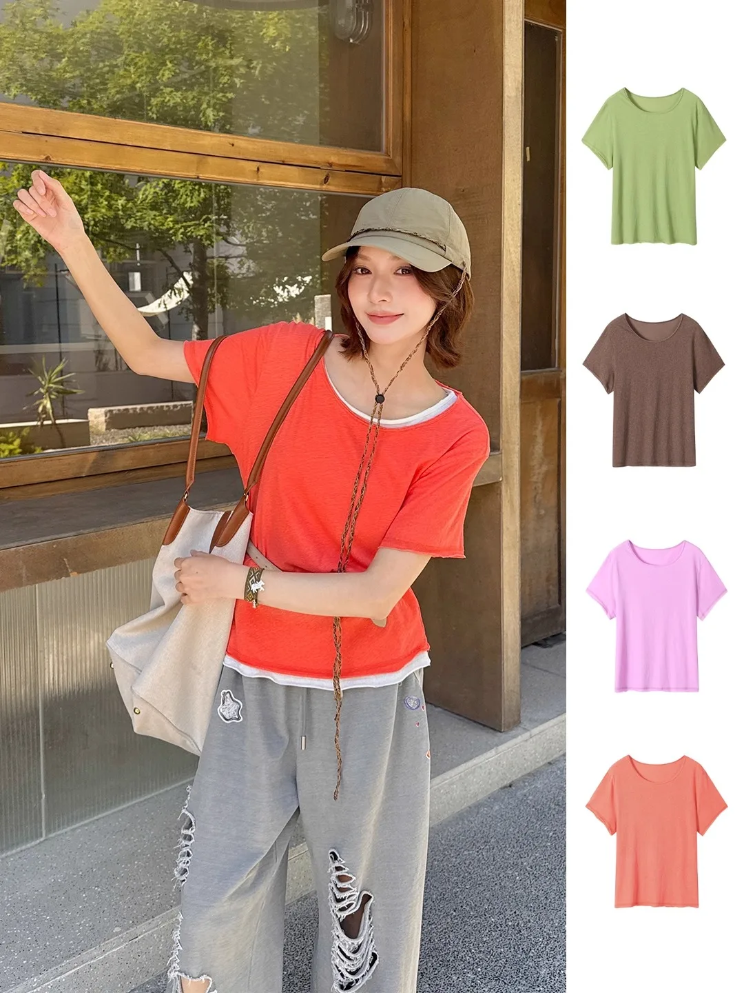 

REREK Brand Early Autumn Worn-look Knitted ort Sve T-irt Cotton Casual Fit round Ne Regular Length