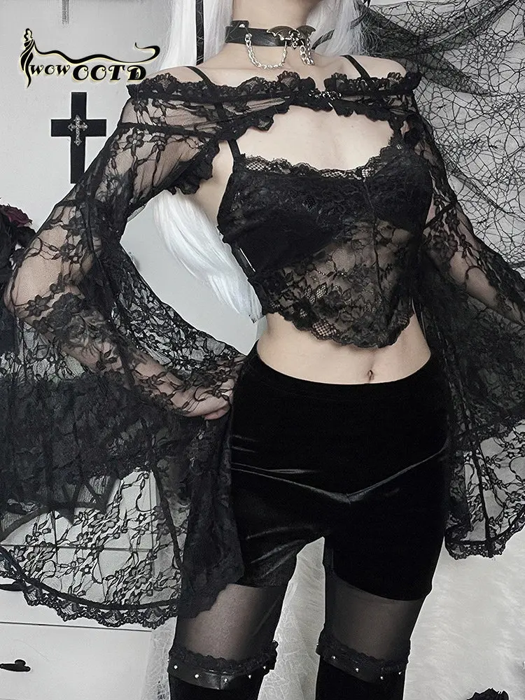 

WOWOOTD Y2K Luxury Coquette Party Sexy Top Lace Goth Long Sleeve Smock Vintage Black Lace One Shoulder Grudge Aesthetic Overall