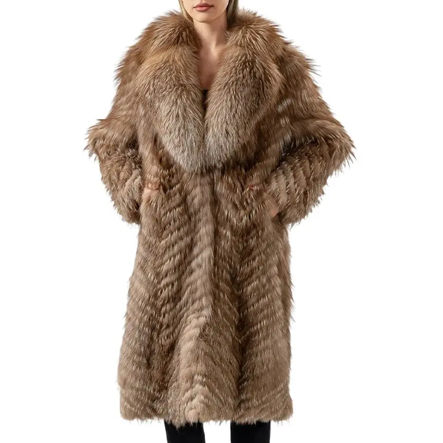 Abrigo largo de piel de zorro natural real con cuello grande largo 110 cm 250464