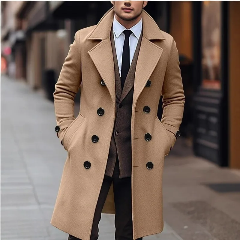 KIDWHXR Men Overcoat Autumn Winter Business Casual Double-breasted Male Trench Coat Simple Mid Length Long Sleeve Man Jacket