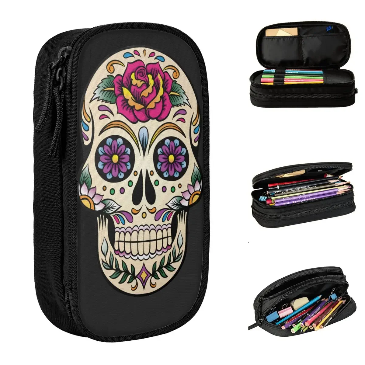 Day Of The Dead Sugar Skull Rose Tile Pencil Case Pencil Pouch Pen Holder Large Storage Bag School Supplies Gifts Stationery