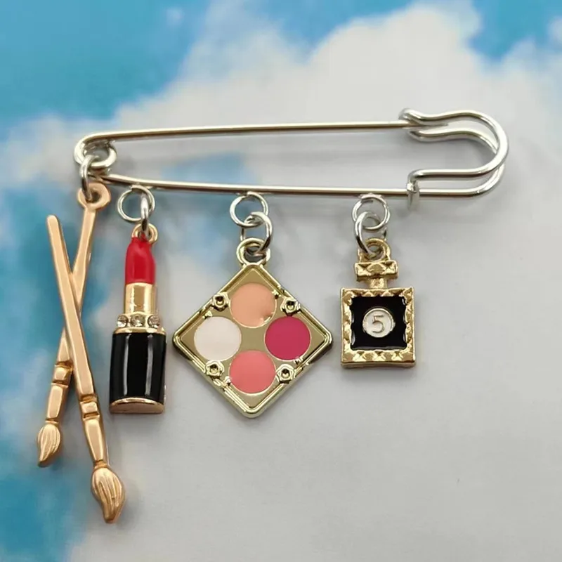 Metal enamel cosmetics brooch eye shadow lipstick perfume key ring makeup pen pin women DIY handmade jewelry gift