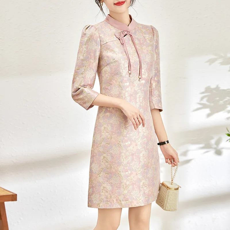 

2401605-spring new heavy embroidered silk oil painting jacquard slim waist dress women covering flaws