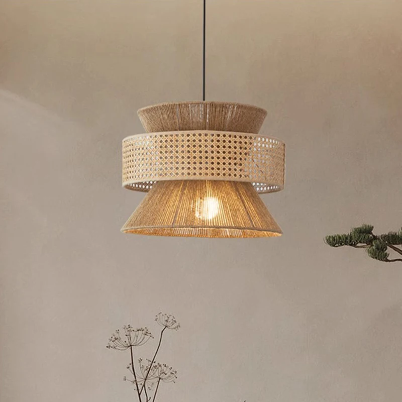 handmade woven rattan teto lustre hemp rope pendant light industrial e retro restaurante lampada sala de jantar e quarto 01