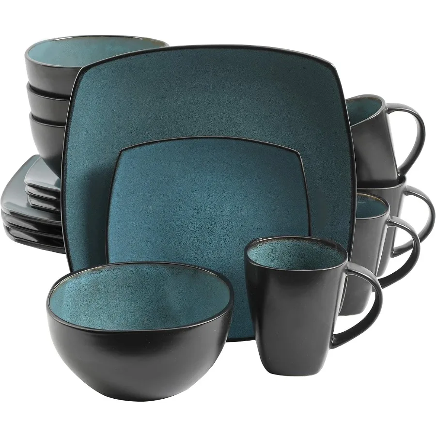

16Piece Reactive Glaze Dinnerware Set in Teal Black Tutone for Modern Dining Rooms and Elegant Home Entertaining Durable Cerami