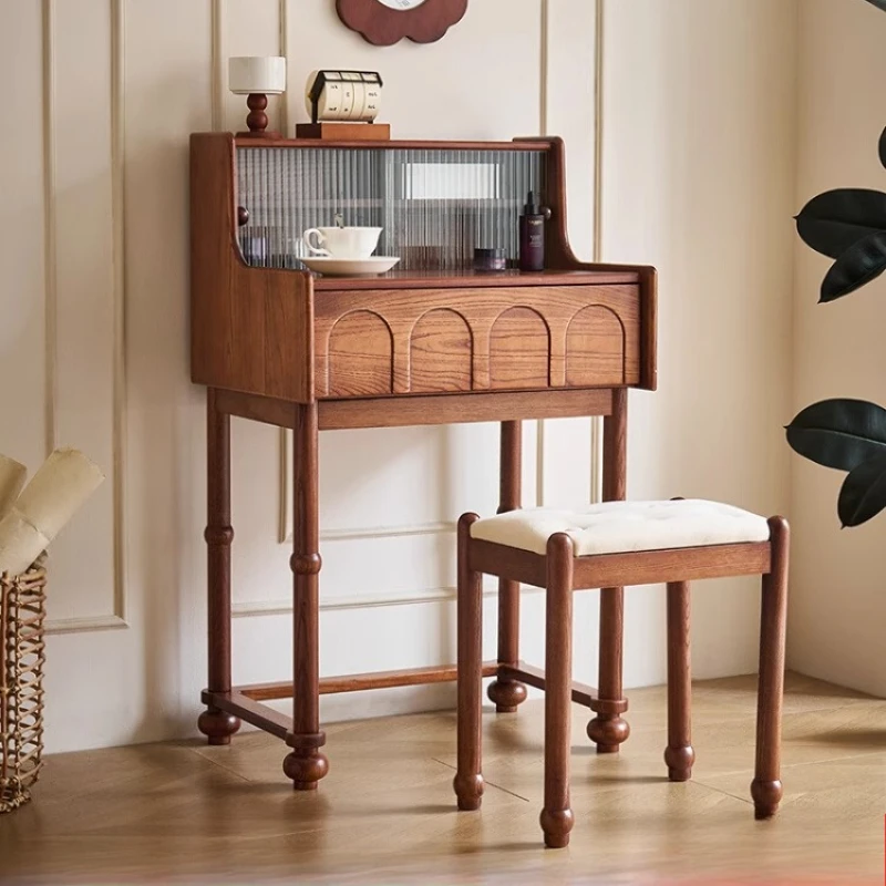 

Vintage Seat Luxury Dressing Table French Drawers Glass Top Compact Dressing Table Storage Cabinet Modern Bedroom Furniture