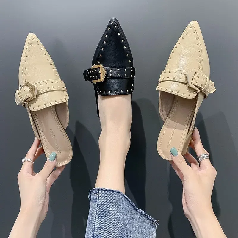 Buckle Baotou Slippers Mules Shoes for Women Closed Toe 2023 Summer Pointed Toe Slip-On Low Heels Flats Shoes Sandals Slides