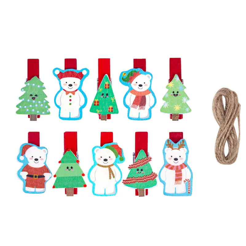 2022 10Pcs Christmas Wooden Clip Xmas Tree Bear Santa Claus Pattern Xmas Clothespin Photo Flower Clip New Year Family Ornaments