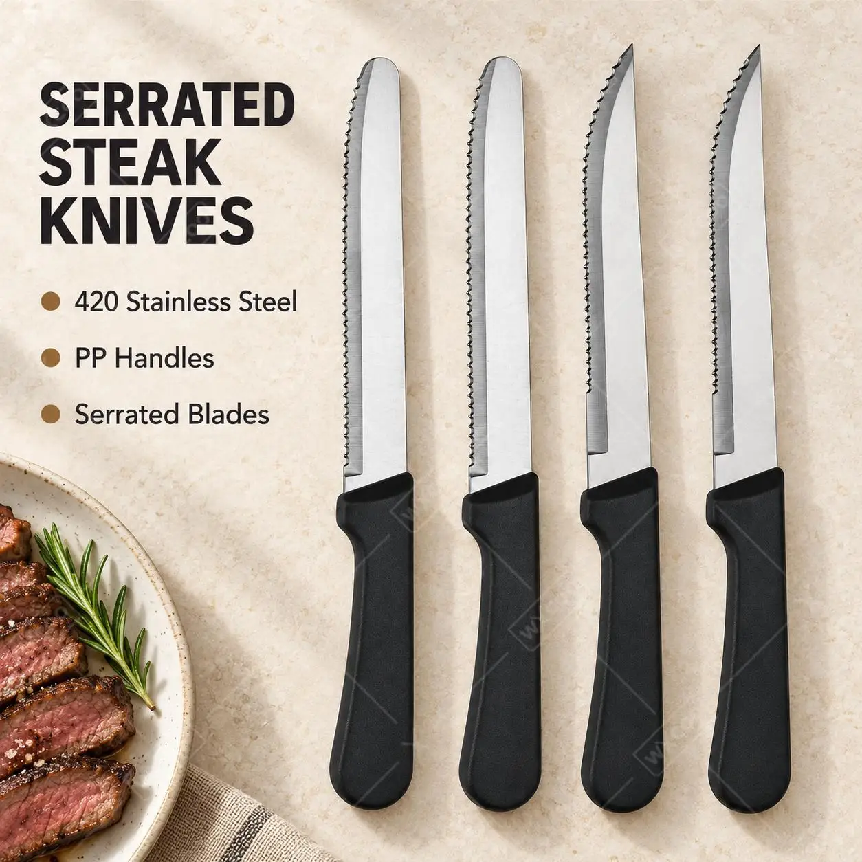 WXCOO Full Tang Stainless Steel Sharp Serrated Steak Knives Dinner Cutlery Dishwasher Safe PP Handle for Meat Bread Home Use