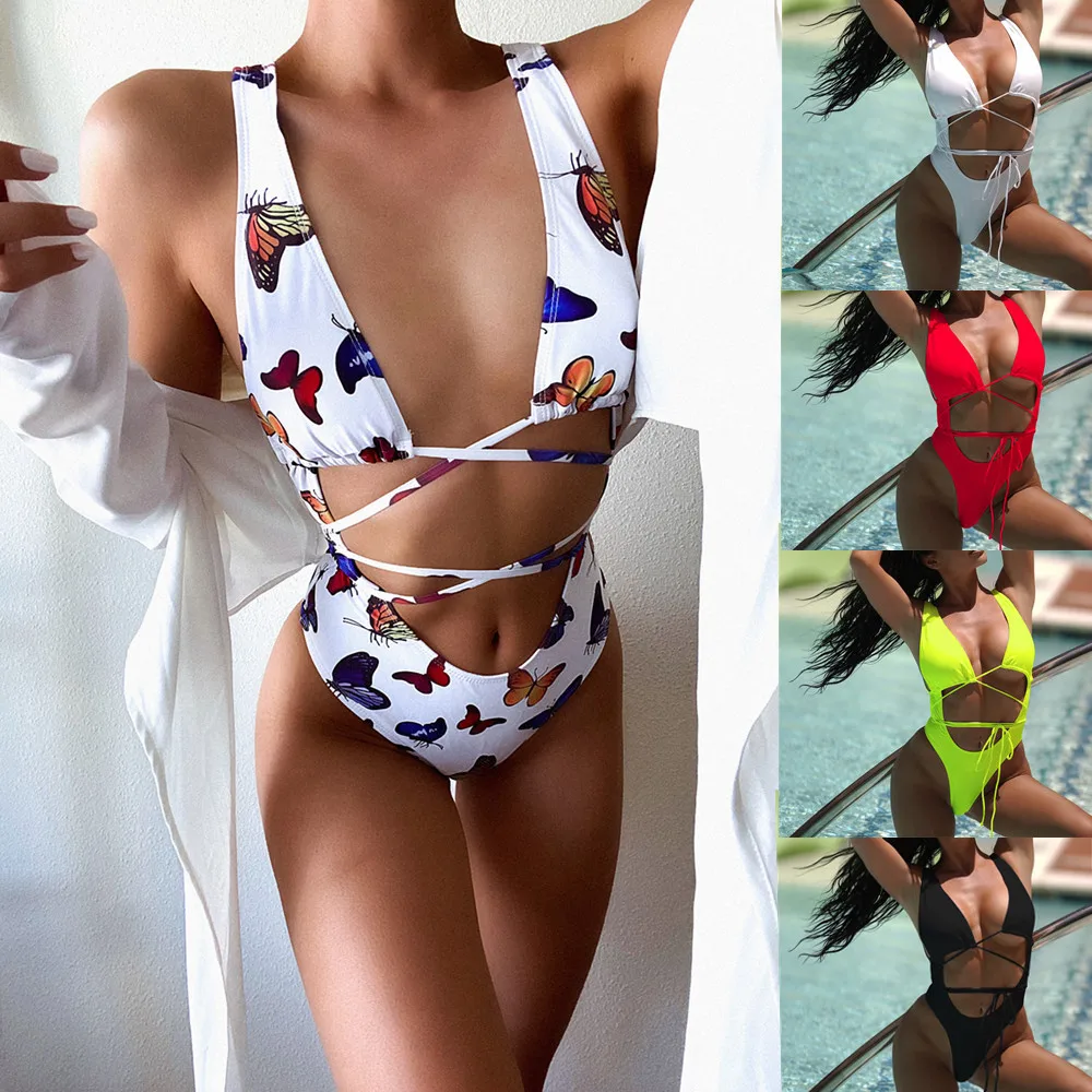 

European and American New Sexy One-piece Butterfly Print Strap Halter High Waist Women's Swimsuit Bikini Swimsuit ZY055