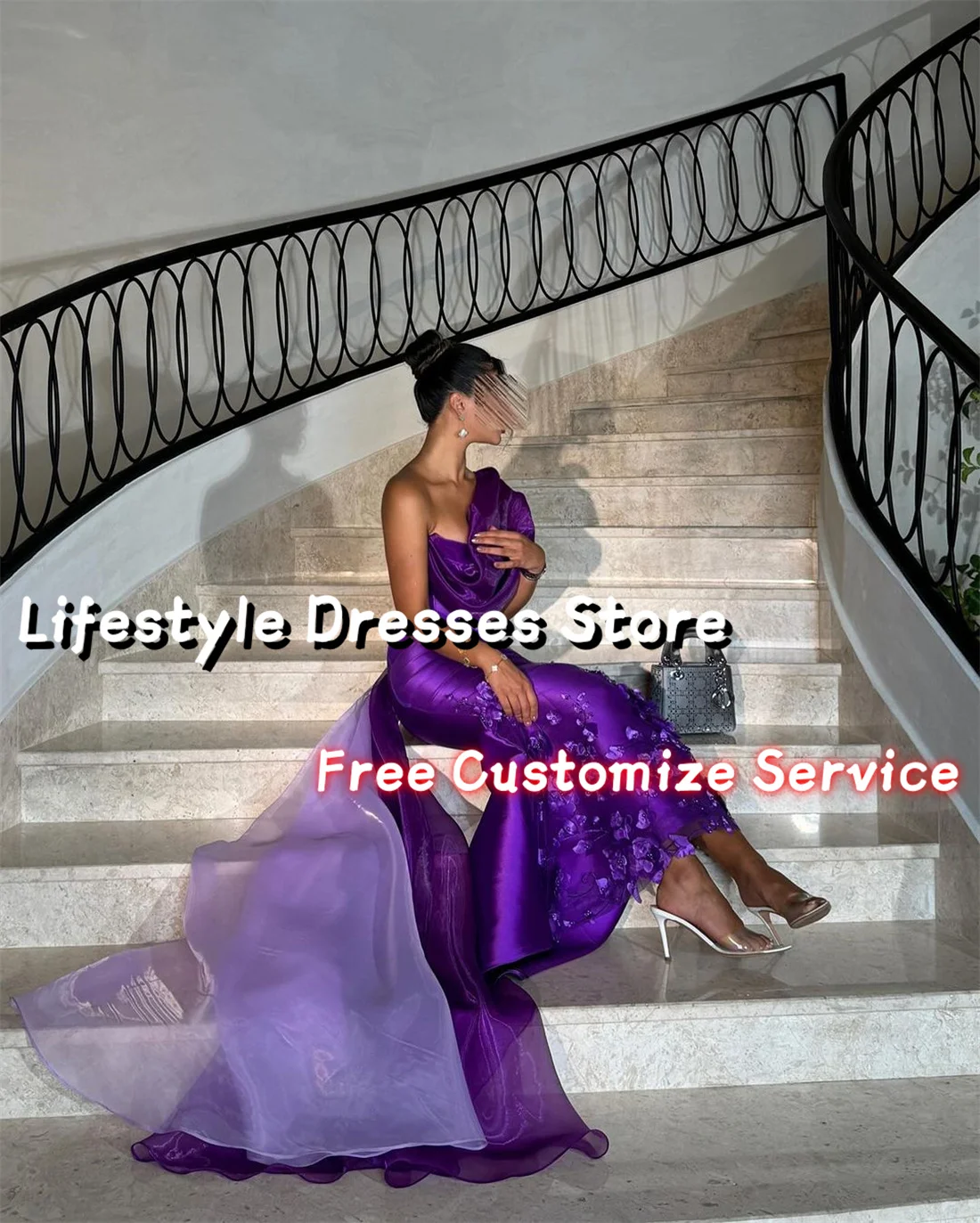 Customized Flowers Beaded Purple Evening Dress Mermaid Sleeveless Party Dress For Formal Occasion One Shoulder Saudi Prom Dress