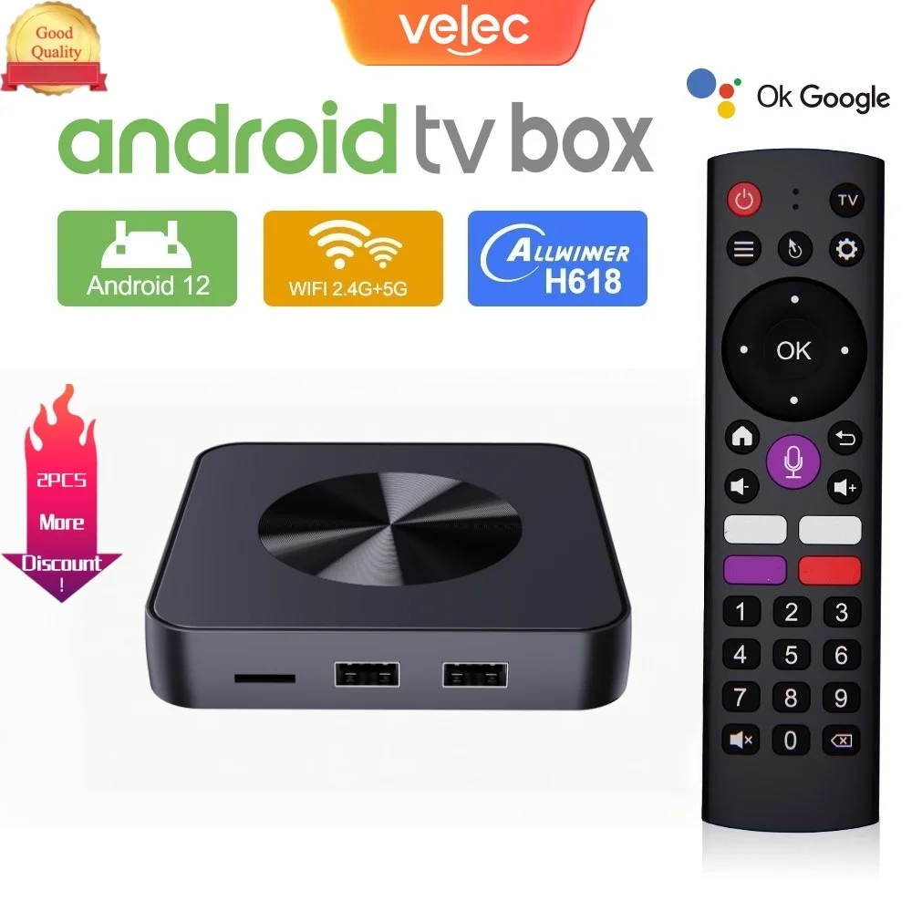 Velec Android 12 TV BOX Allwinner H618 Dual Wifi 8G 16G Quad Core Cortex A53 8K BT Voice Media player Set Top Box Smart TV Box