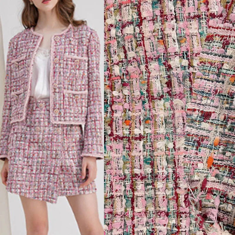 

Pink Color Lattice Jacquard Yarn-Dyed Tweed Fabric For Woman's Autumn Coat Dress Jacket DIY Sewing Material