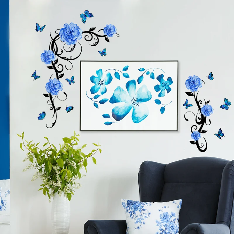 Cartoon Blue Flower Vine Butterfly Wall Stickers Room Living Room Sticker Bathroom Decoration Self-adhesive Removable Waterproof