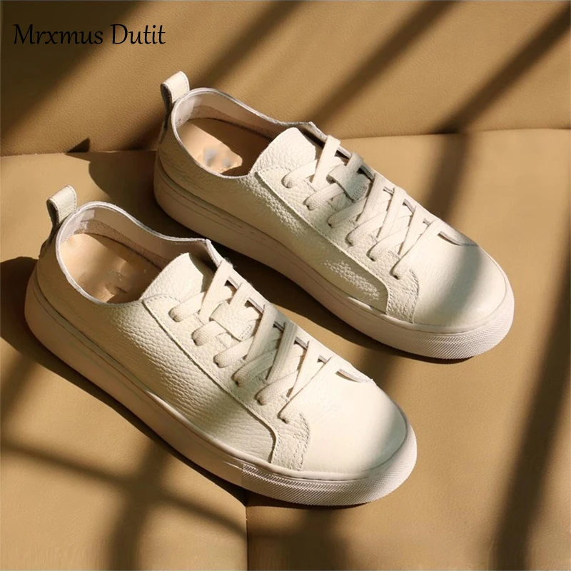 Mrxmus Dutit 2023 Autumn Fashion High Street Simple White Genuine Leather Soft Casual Comfot Sneakers Women Shoes Woman