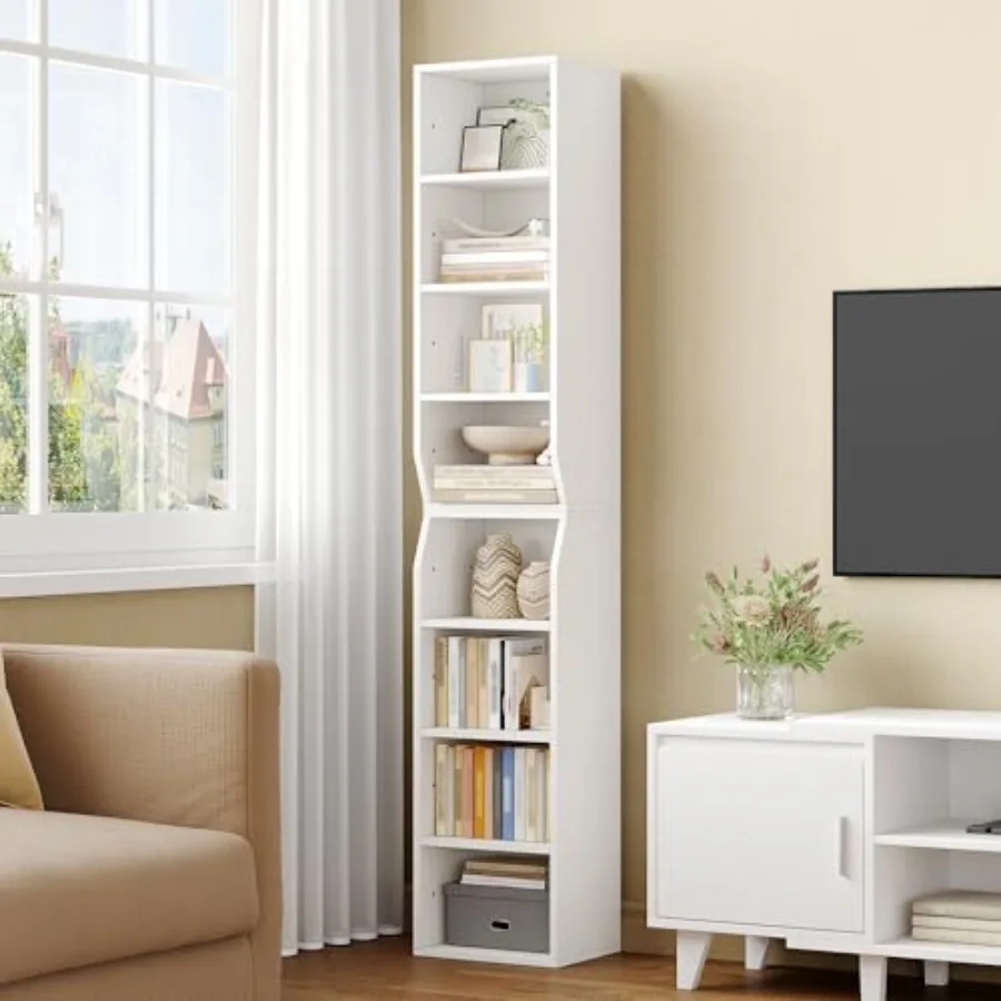 

Bookcase Narrow Tall Bookshelf 8-Tier Skinny Shelf Tall Cube Storage Organizer with Adjustable Shelves CD Shelf Display Bookshe