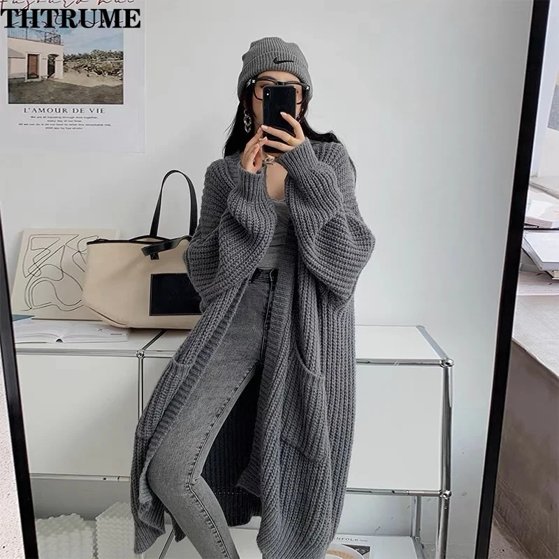 Elegant Women Autumn Thick Sweaters Fashion Long Sleeve Knit Korean Open Stitch Jumpers Tops Casual Communte Loose New Cardigans