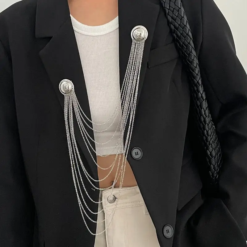 Creative Iron Tassel Chain Brooch Multi Layer Exaggerated Geometric Pearl Pins Clip Fashion Banquet Jewelry Accessories