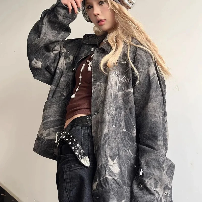 

Винтажная джинсовая куртка Tie Dye, женская свободная повседневная уличная одежда для ленивых, однобортное пальто с длинными рукавами в стиле панк, хип-хоп, Harajuku
