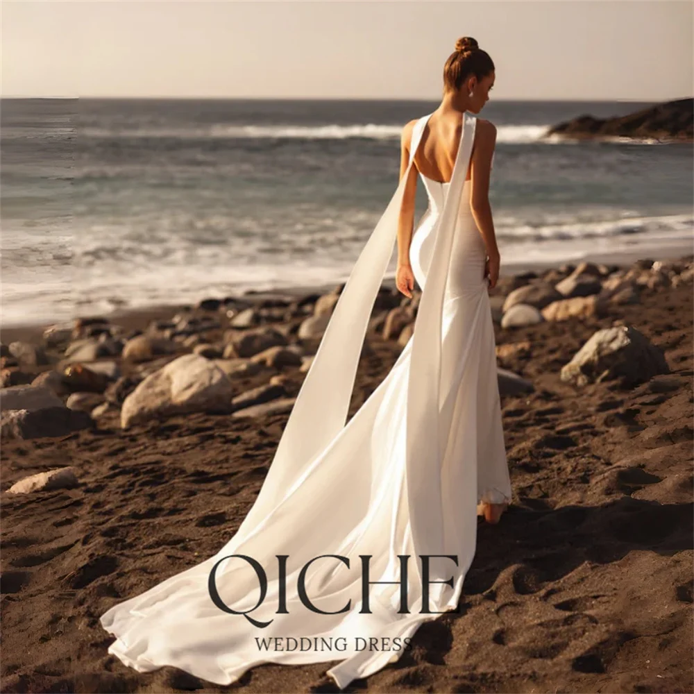 QICHE Modern Mermaid Wedding Dresses 2026 Boat-Neck Sleeveless Shawl Pleat Open Back Vestidos De Noiva Bridal Gown Customized