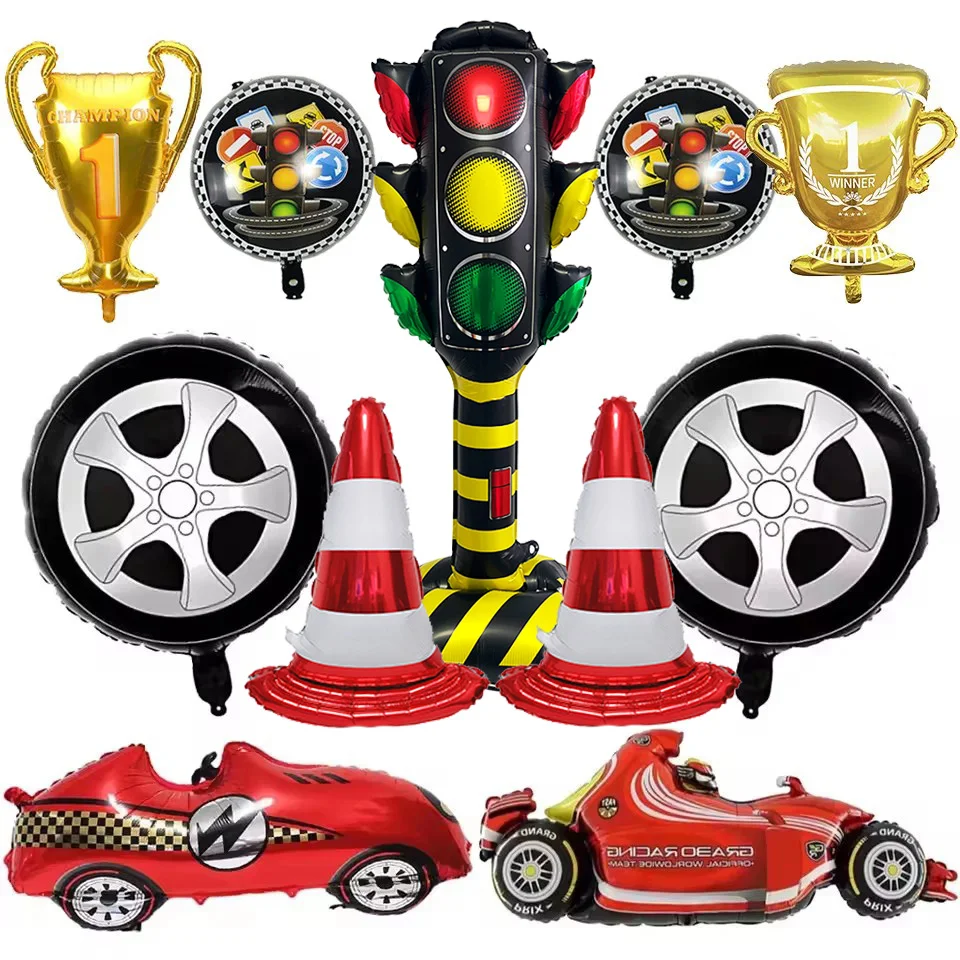 Ballons de voiture à motif rouge feu de signalisation, ballons de voiture à carreaux noirs et blancs, décorations de fête d'anniversaire sur le thème des voitures de course