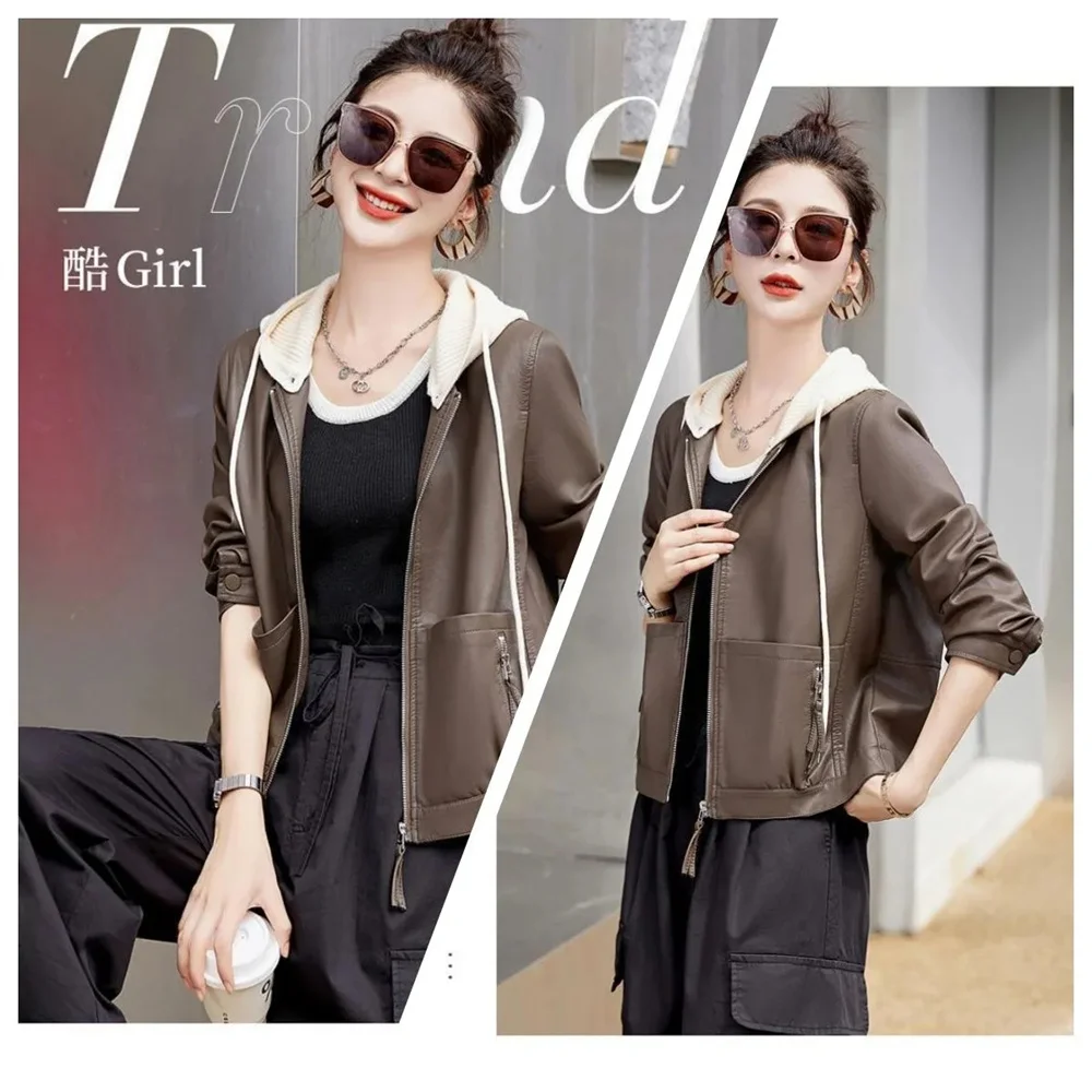 Krótka kurtka skórzana 2025 luźna modna spersonalizowana wyszczuplająca odpinana dzianinowa skórzana kurtka w stylu koreańskim