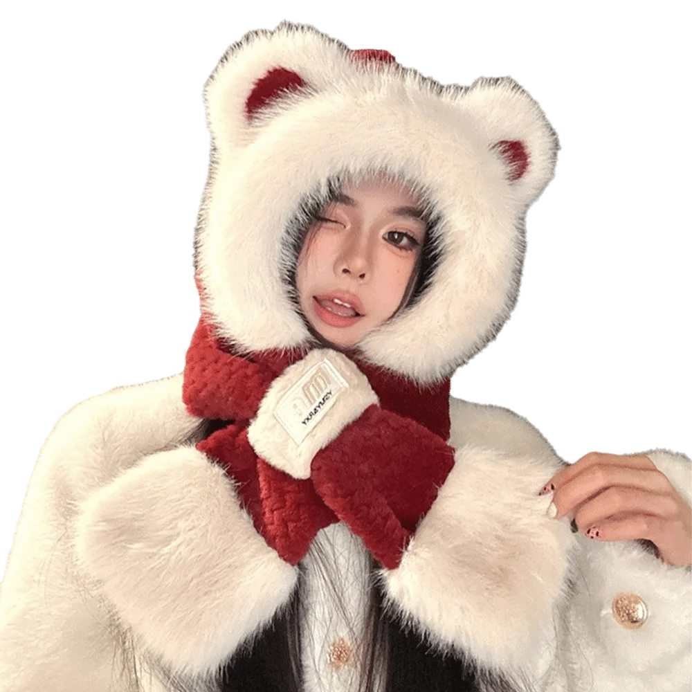 ファッションぬいぐるみ冬一体型キャップスカーフ暖かい厚みのある耳保護帽子カジュアル防風ネックウォーマーサイクリング