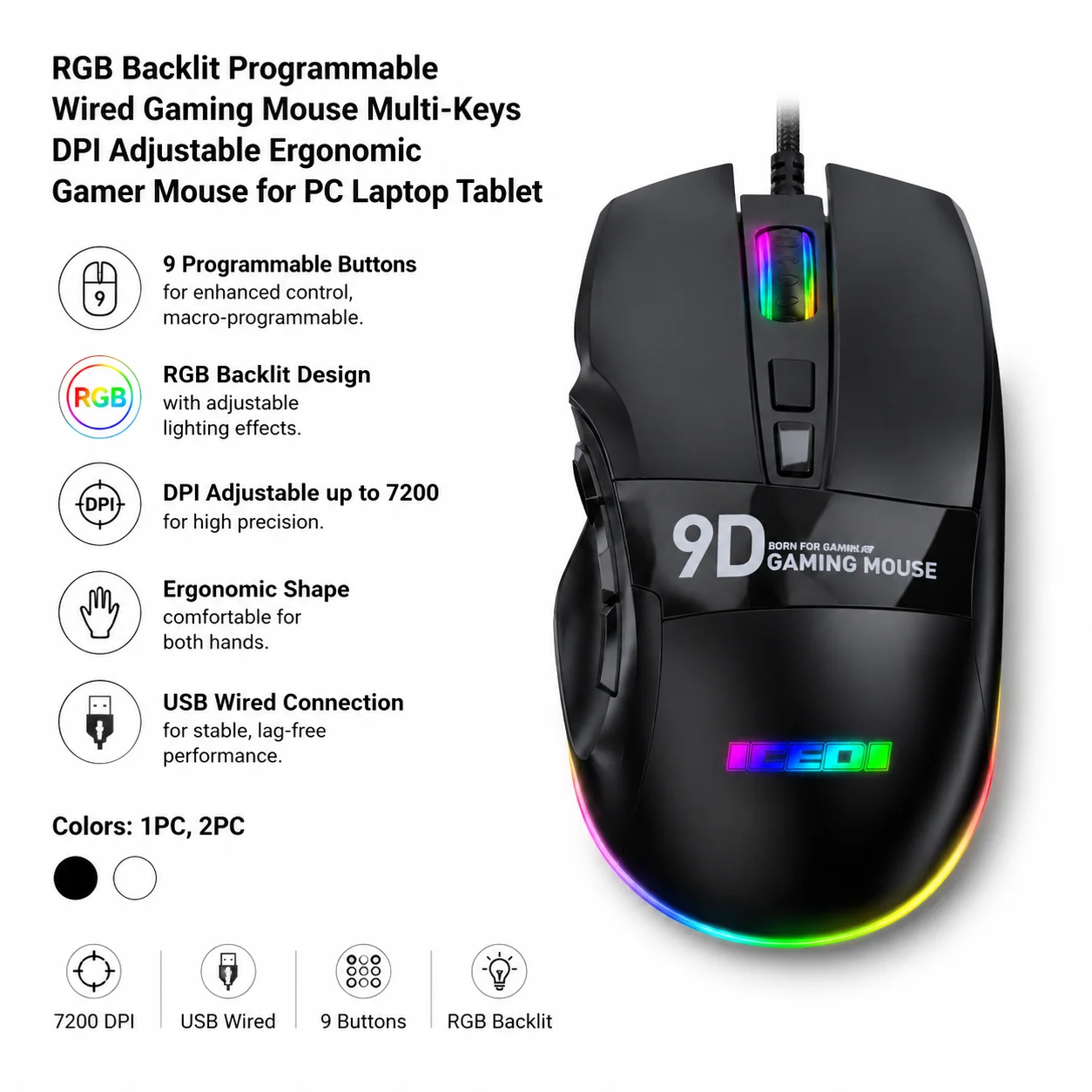 IMICE RGB Backlit Gaming Wired Mouse With Marco 9-Keys Programmable DPI Adjustable Ergonomic Mouse For PC Computer Laptop Tablet