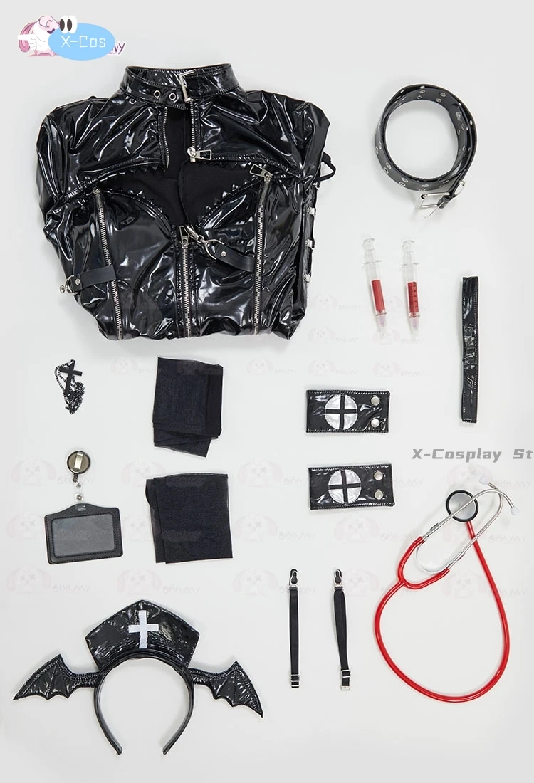 Fantasia Cosplay Enfermeira Gótica de Halloween, Uniforme Preto Sexy, Bandana com Meias Altas para a Coxa e Colar, Em Stock