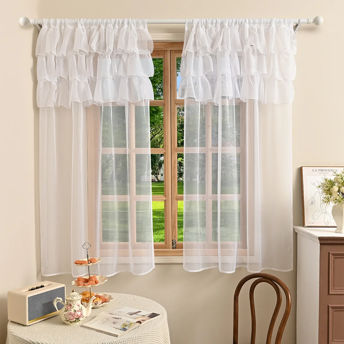 2 Pcs/set Solid Color Sheer Curtains 3-Tiered Ruffle with Rod Pocket Semi-Sheer Window Panels for Living Room