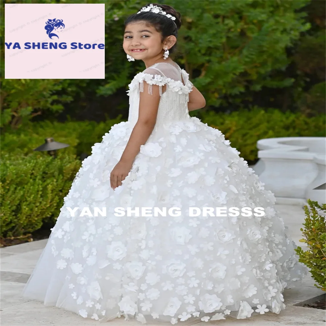 Customized Flower Girl Dress White Tulle Puffy Flowers Short Sleeve For Wedding Birthday Party Banquet Princess Gowns