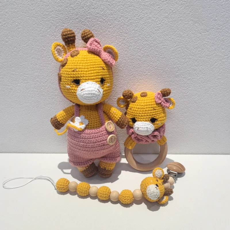 Crochet Giraffe Baby Rattle Pacifier chain Toy Wooden Molar Teething Ring Pacifier Clips Chain Set Baby Stuff Sleeping Dolls