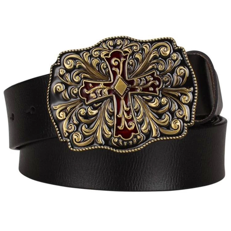 Christian Cross Sign Arabesque Pattern Metal Buckle Cowskin Leather Belt Fashion Jeans Decorative Waistband For Women Men