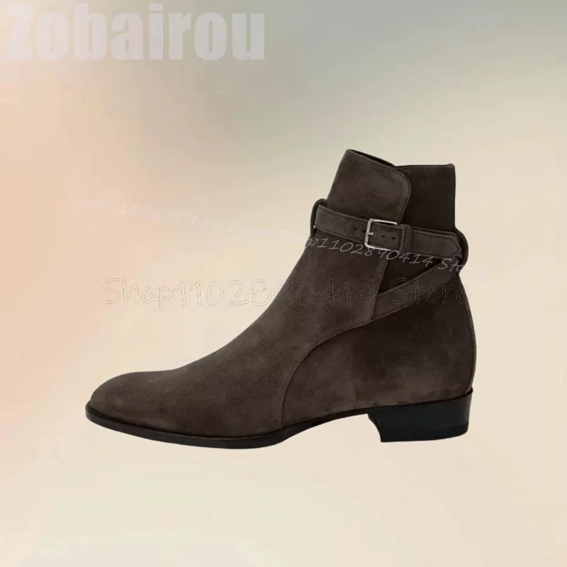 Brown Buckle Decor Flock Chelsea Ankle Boots Fashion Slip On Men Boots Luxurious Handmade Party Banquet Office Men Casual Shoes