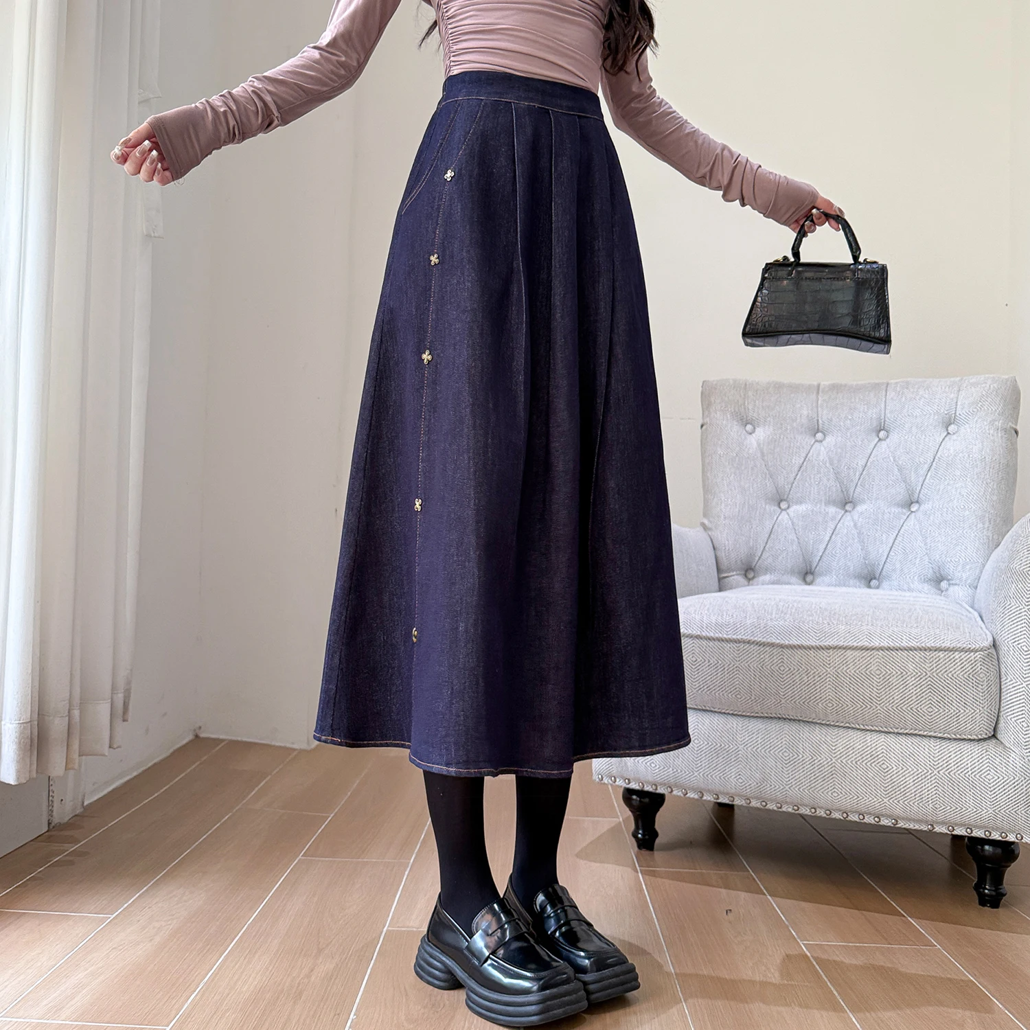 

Джинсовая юбка миди больших размеров для мам, модная свободная женская одежда, весна-лето, новый стиль, с вышивкой, со средней талией, повседневная