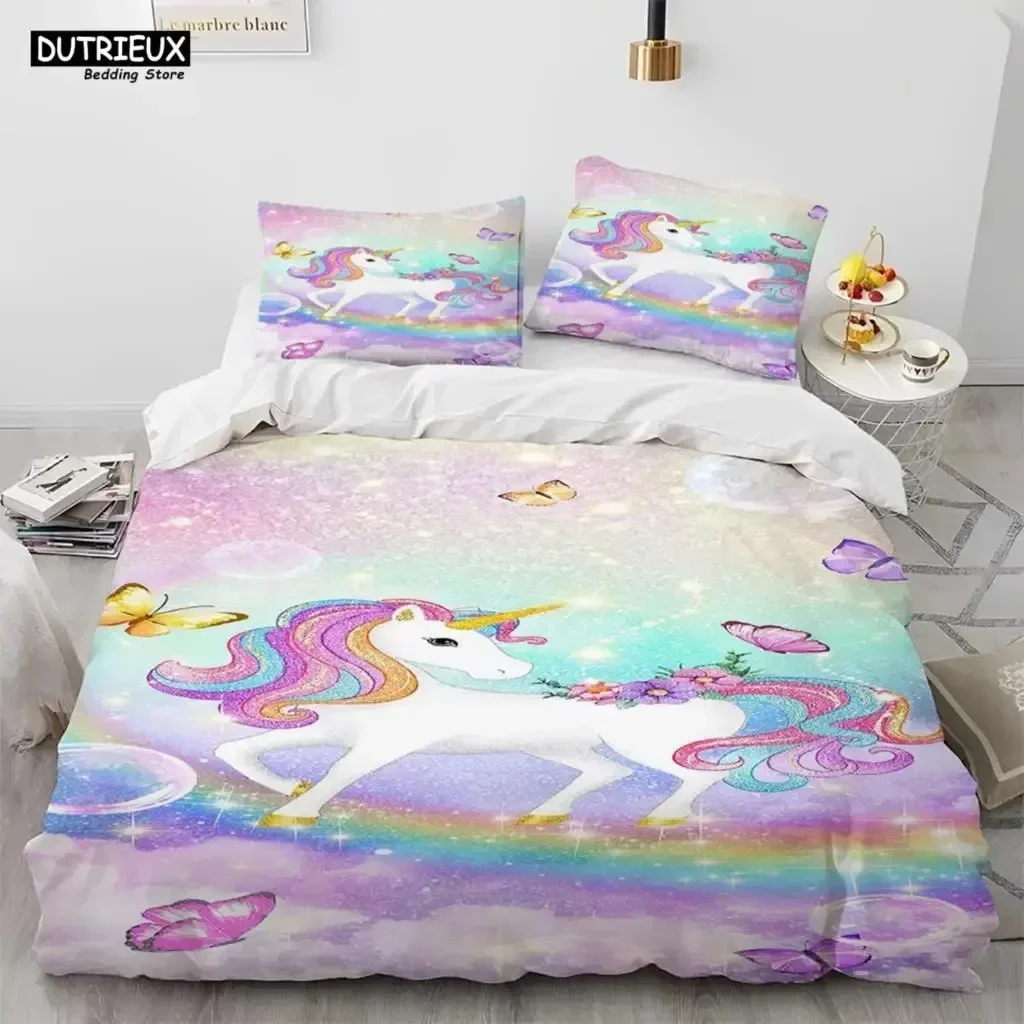 Luxury New 3D Print Unicorn Cute Cartoon Comforter Bedding Set,Duvet Cover Bed Set Quilt Cover Queen Bedding Set Boy Girl Gift