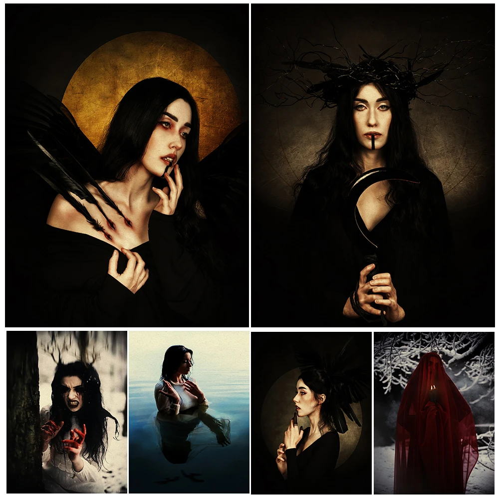 Three Dark Enchantresses Vintage Wall Art Canvas Paitning Bewitching Creatures Of The Woods,Lake,And Sky Art Poster Print Decor