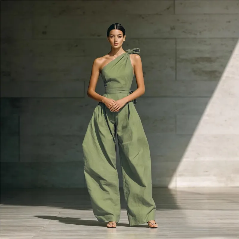 

Women Fashion Solid Lace-Up Hight Waist Rompers Casual Sleeveless Wide Leg Party Playsuit Sexy Slanted Shoulder Draped Jumpsuits