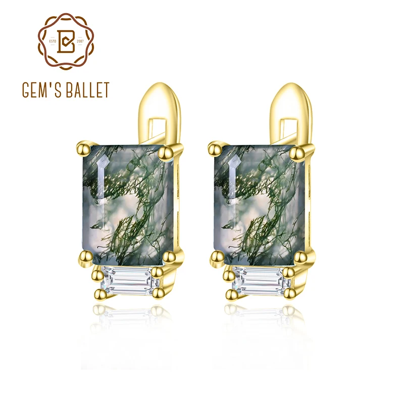 

GEM'S BALLET Unique 2.37Ct 6x8mm Octagon Cut Moss Agate Studs Earrings in 925 Sterling Silver Women's Gemstone Earrigns