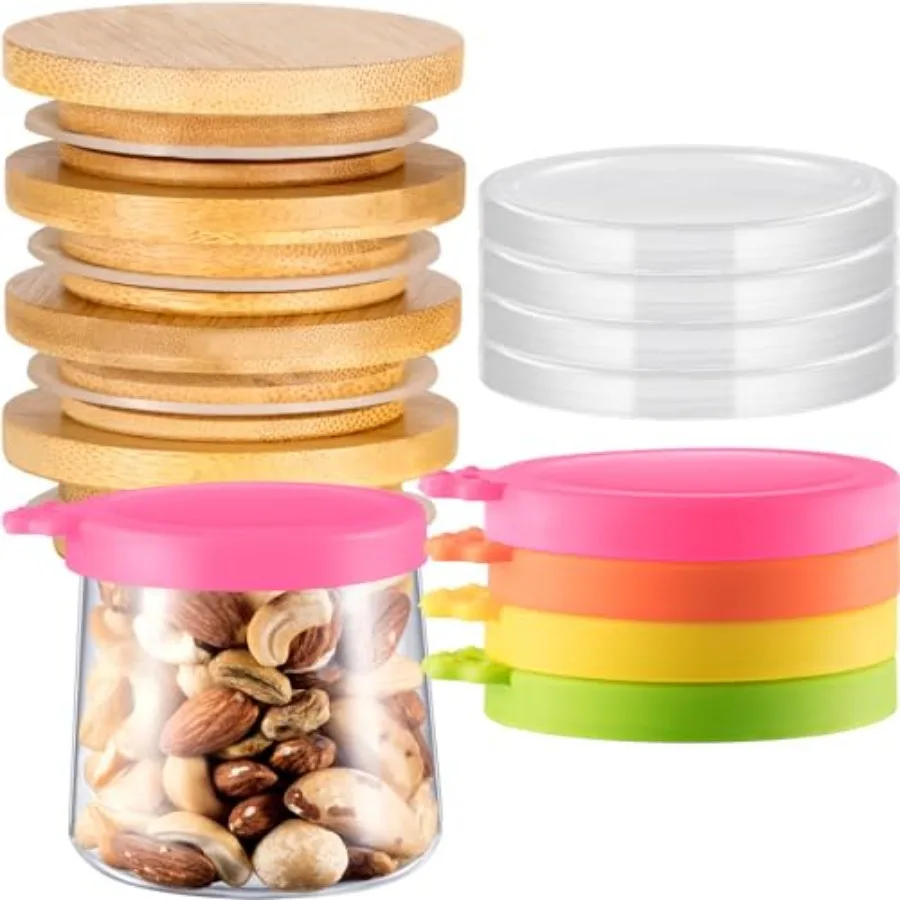 

12 шт. крышки для банок для йогурта, прозрачные пластиковые крышки для контейнеров из силикона и бамбукового дерева с уплотнительными кольцами, сменные крышки многоразового использования Com