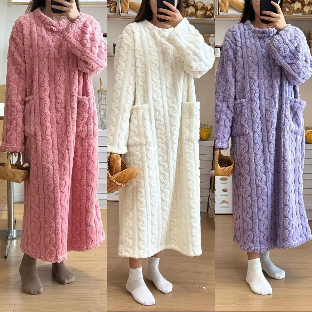 

Winter Sleepwear Flannel Nightgowns Double Pocket Nightdress Jacquard Night Dress Thickened Warm Women Loose Women's Pajamas