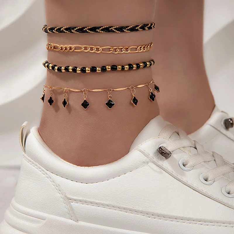Tocona Simple Black Crystal Stone Anklet Set for Women Girl Charms Black Rope Geometric Multilayer Foot Chains Jewelry 24189
