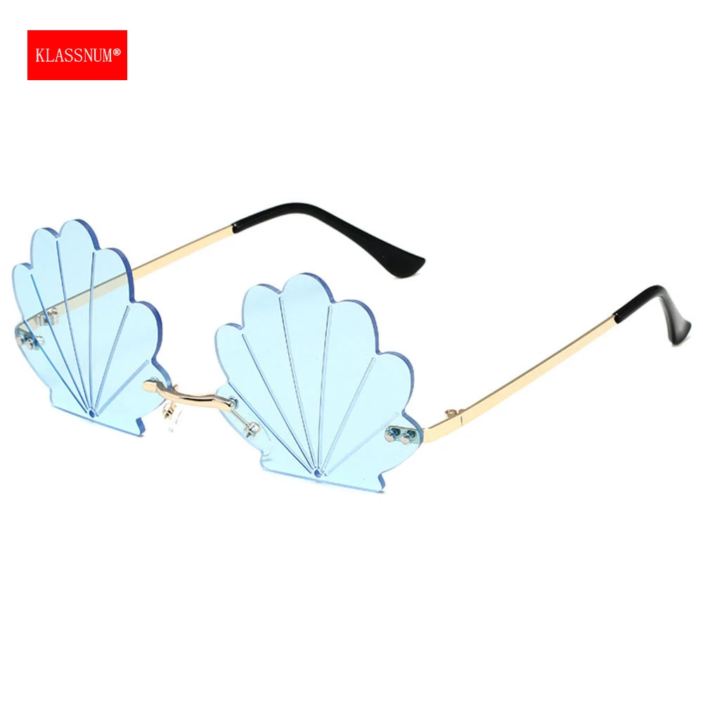 

KLASSNUM Women Funny Shell Sunglasses Flower Shape Rimless Ocean Lens Party Glasses Brand Designer Retro Clear Sun Glasses 2023