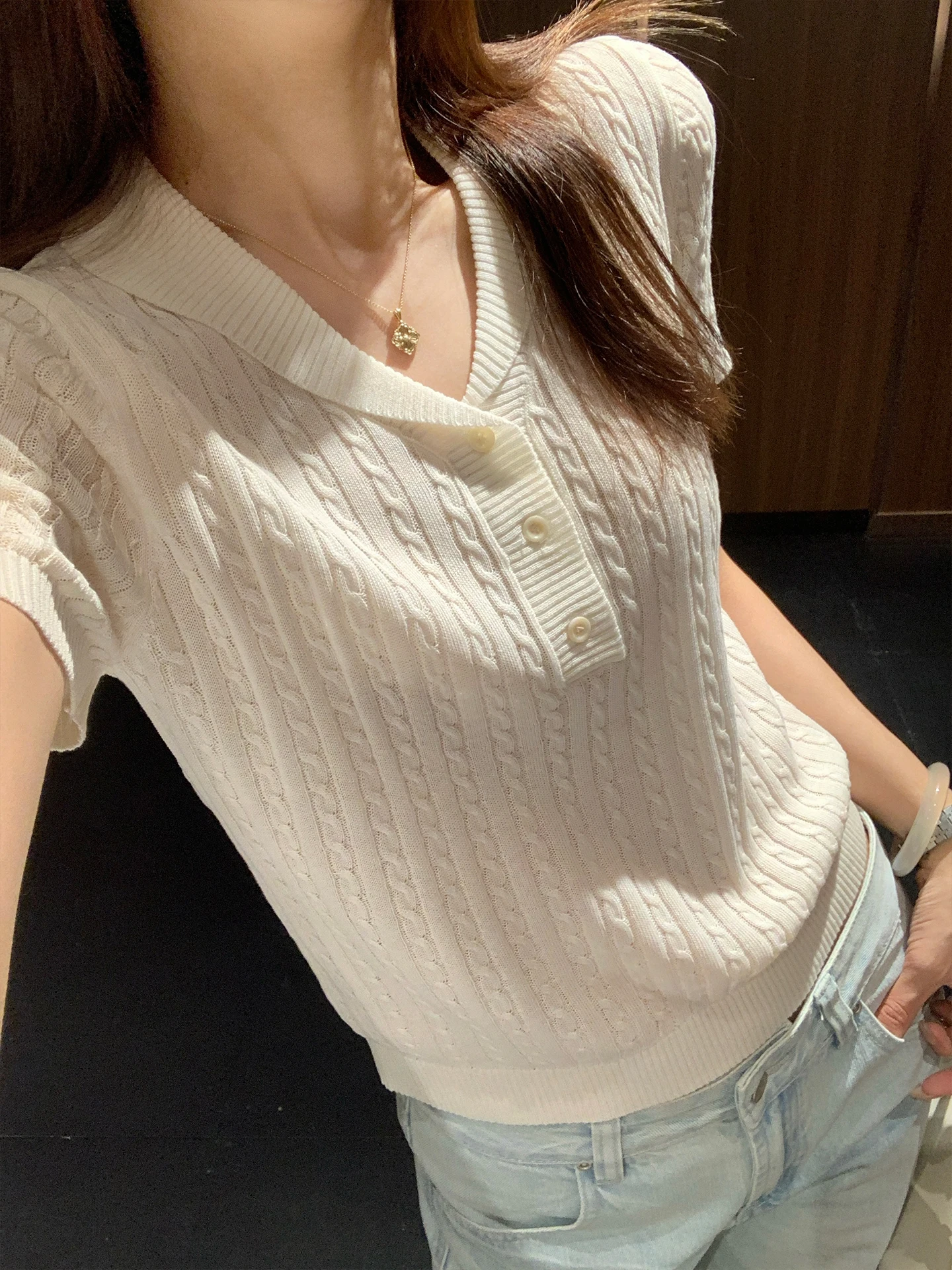 

Cactishop Women's Linen Short Sleeve Shirt Collared Breathable Simple Match Green Fruit Collar Twist Women's Top Summer T-shirt